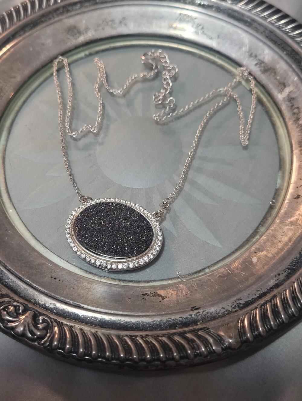 Sterling Silver Black Druzy Oval Pendant Necklace